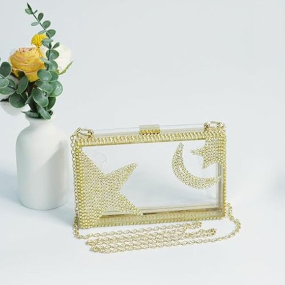 Neiman Marcus Gold Acrylic Moon and Star Rhinestone Chain Bag - Picture 3 of 5